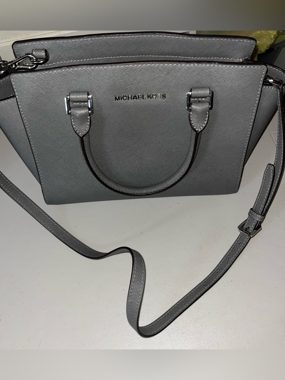 MICHAEL KORS Grey Saffiano Leather Satchel with Crossbody Strap